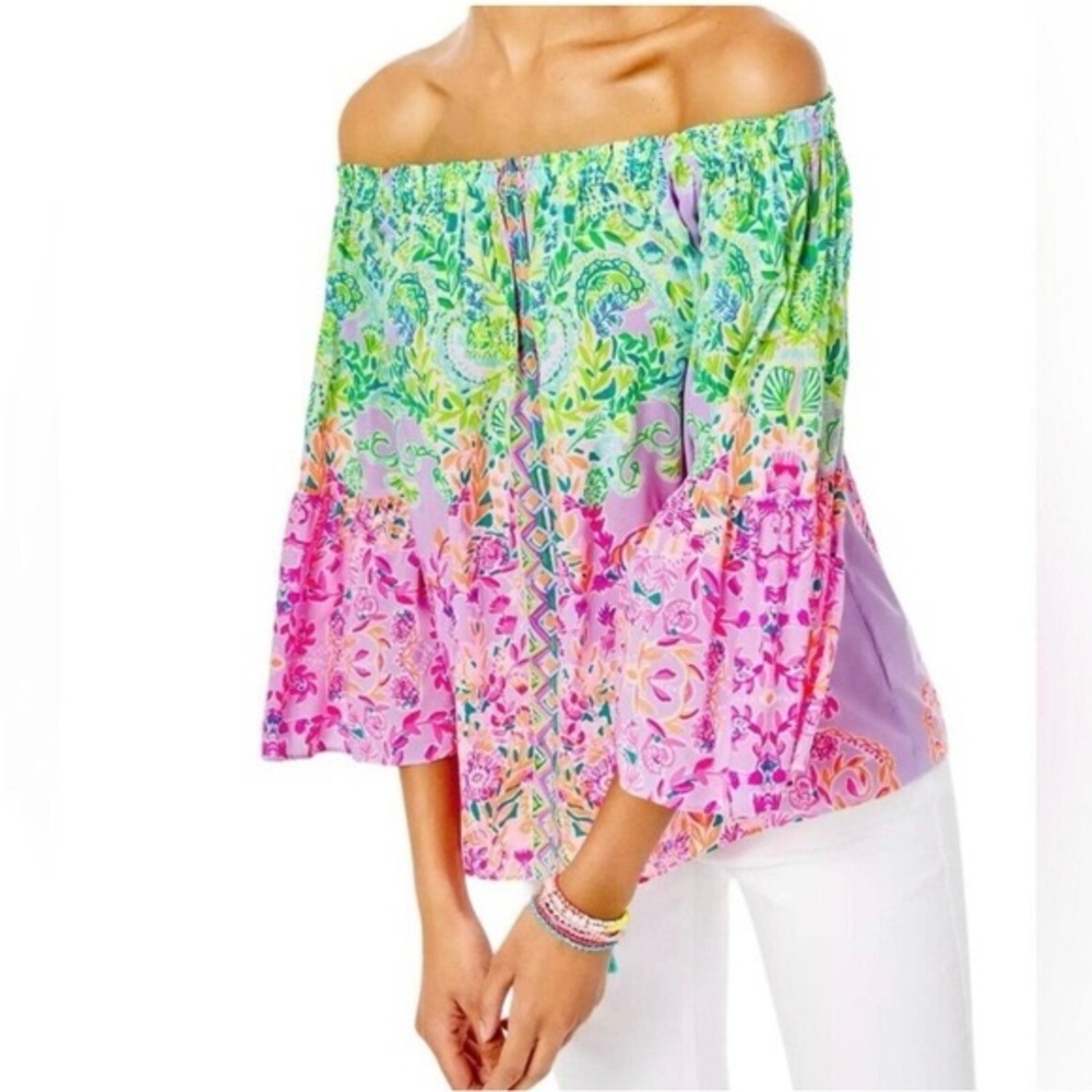 Lilly Pulitzer Off-Shoulder Green and Pink Ruffled Blouse